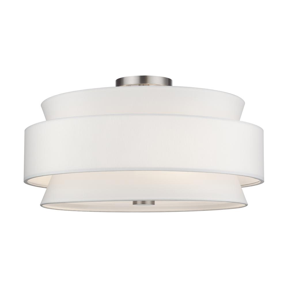 5 Light Brushed Nickel Large Semi-Flush with Hand Crafted Off-White Fabric Hardback Shades