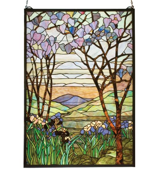 29"W X 40"H Tiffany Magnolia & Iris Stained Glass Window