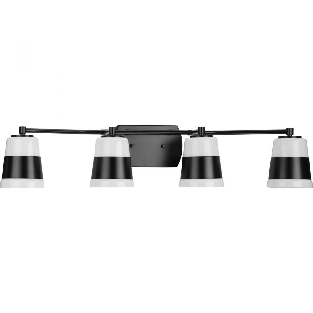 Haven Collection Four-Light Matte Black Opal Glass Luxe Industrial Bath Light