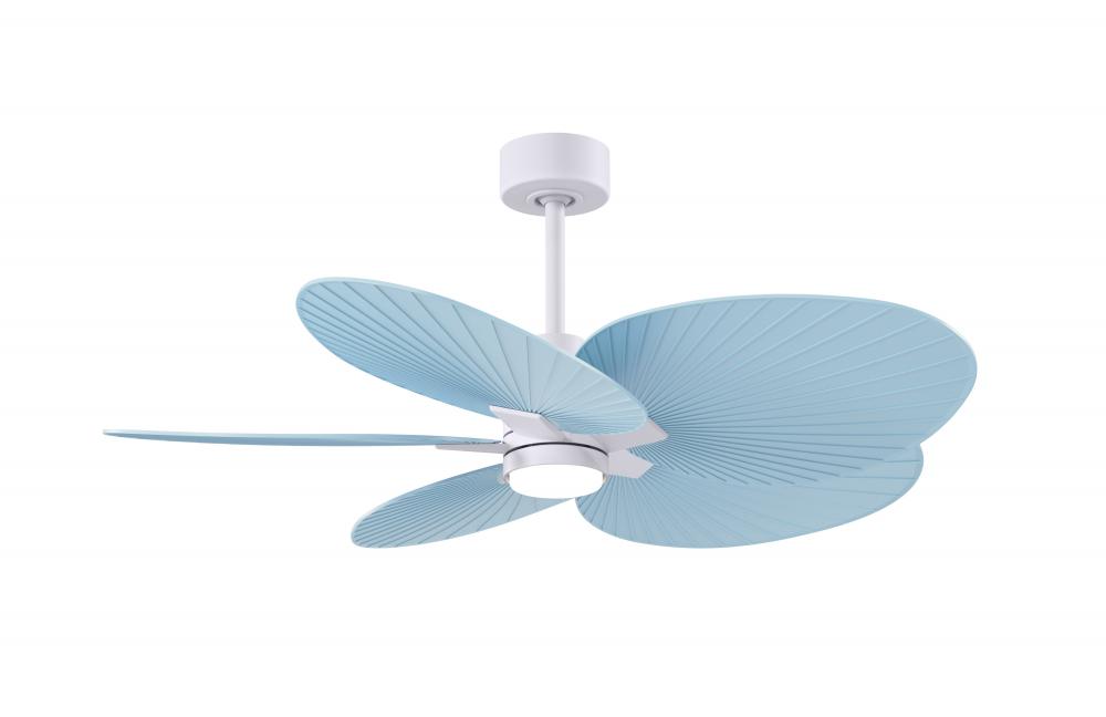 Alessandra Tropical 5-blade ceiling fan in Matte White and Light Blue blades.