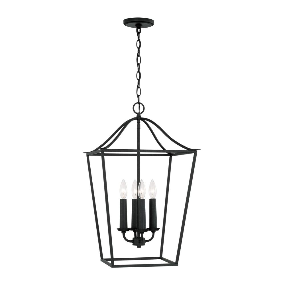 4-Light Foyer Pendant Lantern in Black Iron