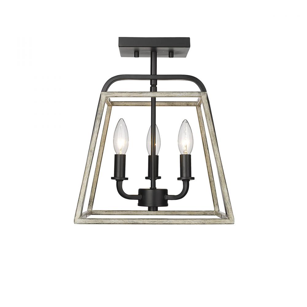 Bonnie 3-Light Semi-Flush Ceiling Mount Matte Black Grey Wood