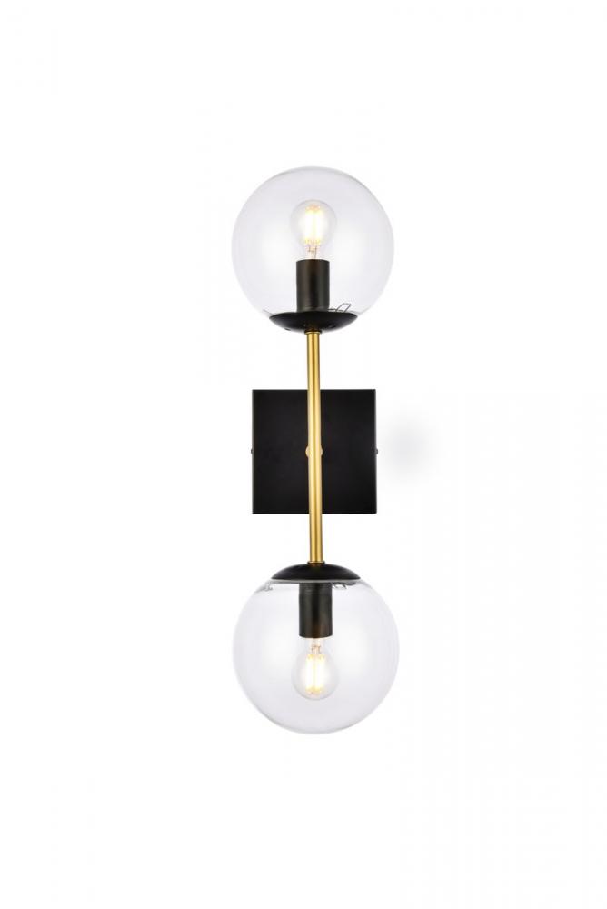 Neri 2 lights black and brass and clear glass wall sconce