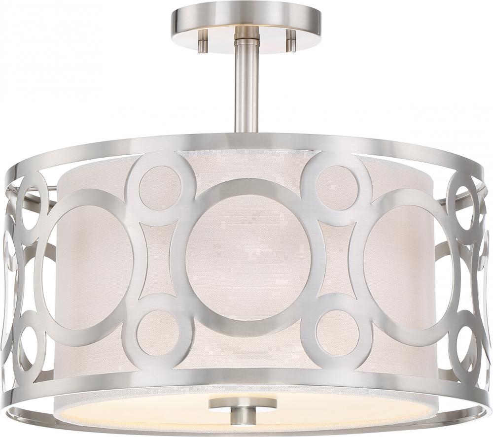 Filigree - 2 Light Semi Flushwith White Linen Shade - Brushed Nickel Finish