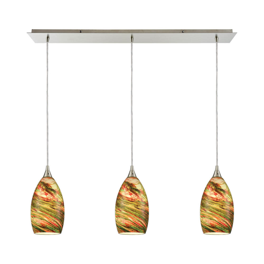 Collanino 3-Light Linear Mini Pendant Fixture in Satin Nickel with Pepper Swirl Blown Glass